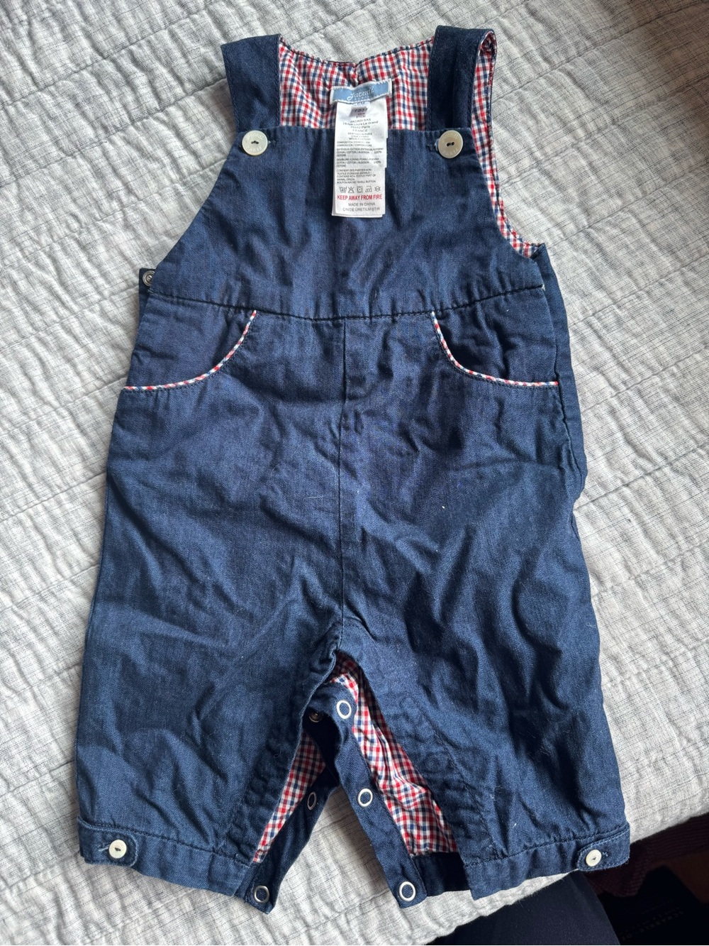 Jacadi Navy Blue Short Overalls with Red-White Gingham Trim